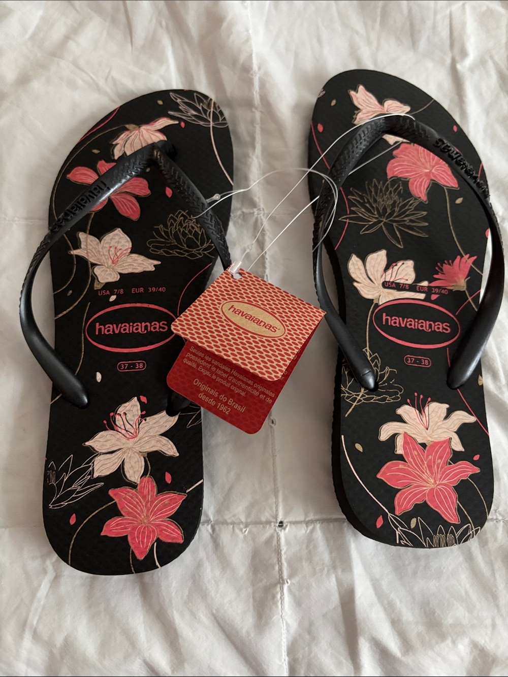 Havaianas Black Sandals with Pink and Cream Floral Print